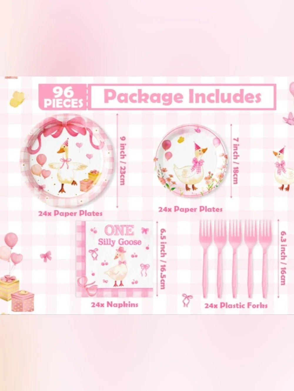 New 96Pc One Silly Goose Party Tableware Set Pink 1st Birthday Baby Shower Plate